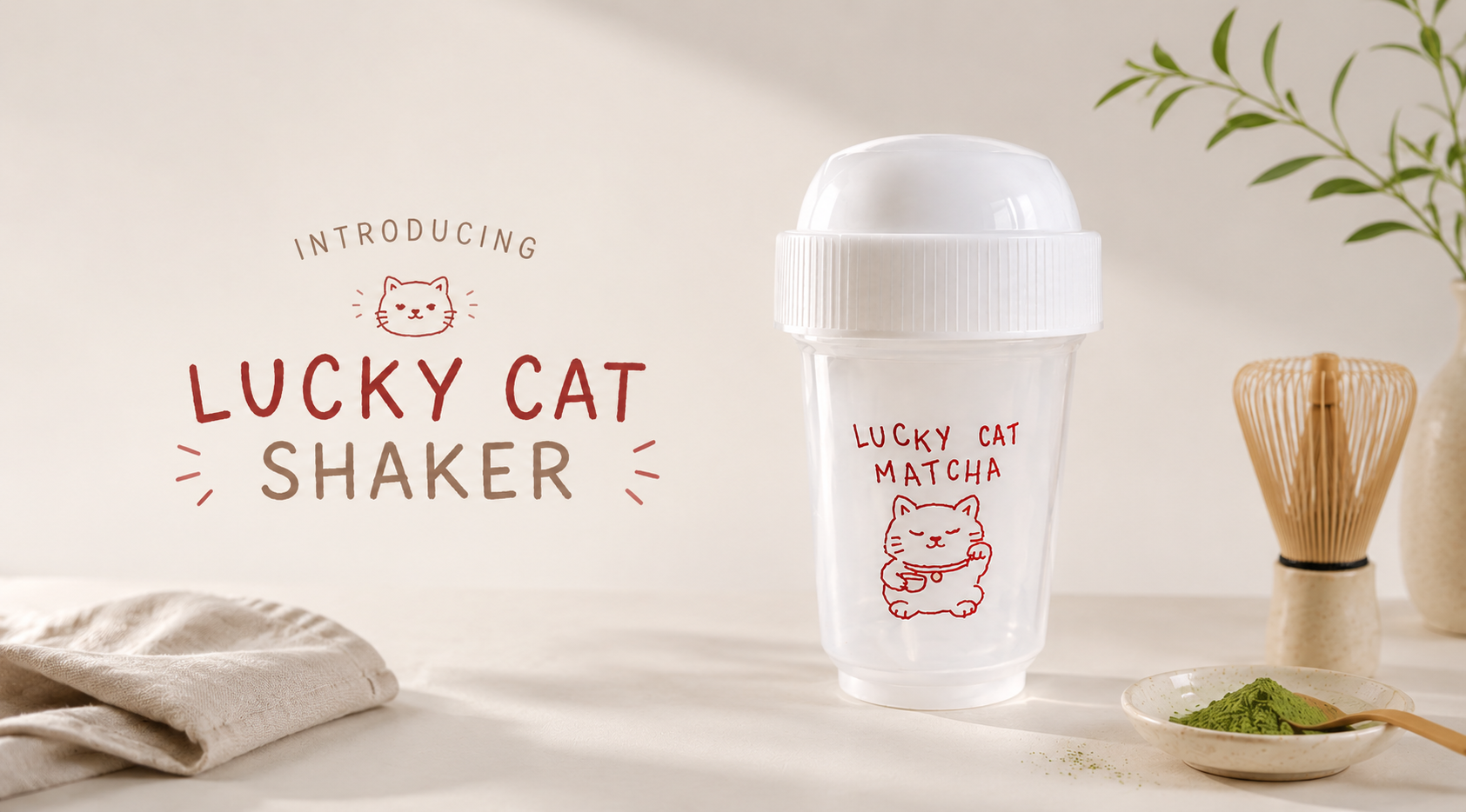 A clear plastic shaker cup with a white lid and a red cat illustration, labeled 'LUCKY CAT MATCHA,' shown on a light beige tabletop with a folded cloth, bamboo whisk, and green matcha powder. Text on the left reads 'INTRODUCING LUCKY CAT SHAKER.