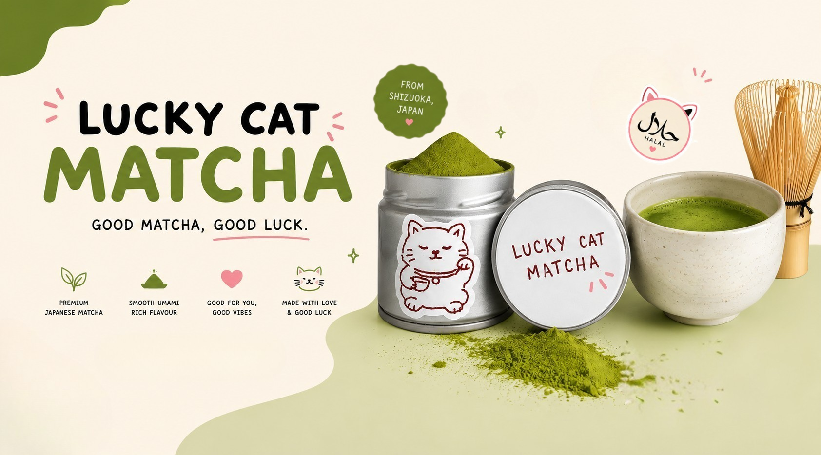 Lucky Cat Matcha green tea product display featuring a silver tin with a white cat illustration, an open lid, a bowl of matcha green tea, matcha powder, a bamboo whisk, and decorative text on a cream background.