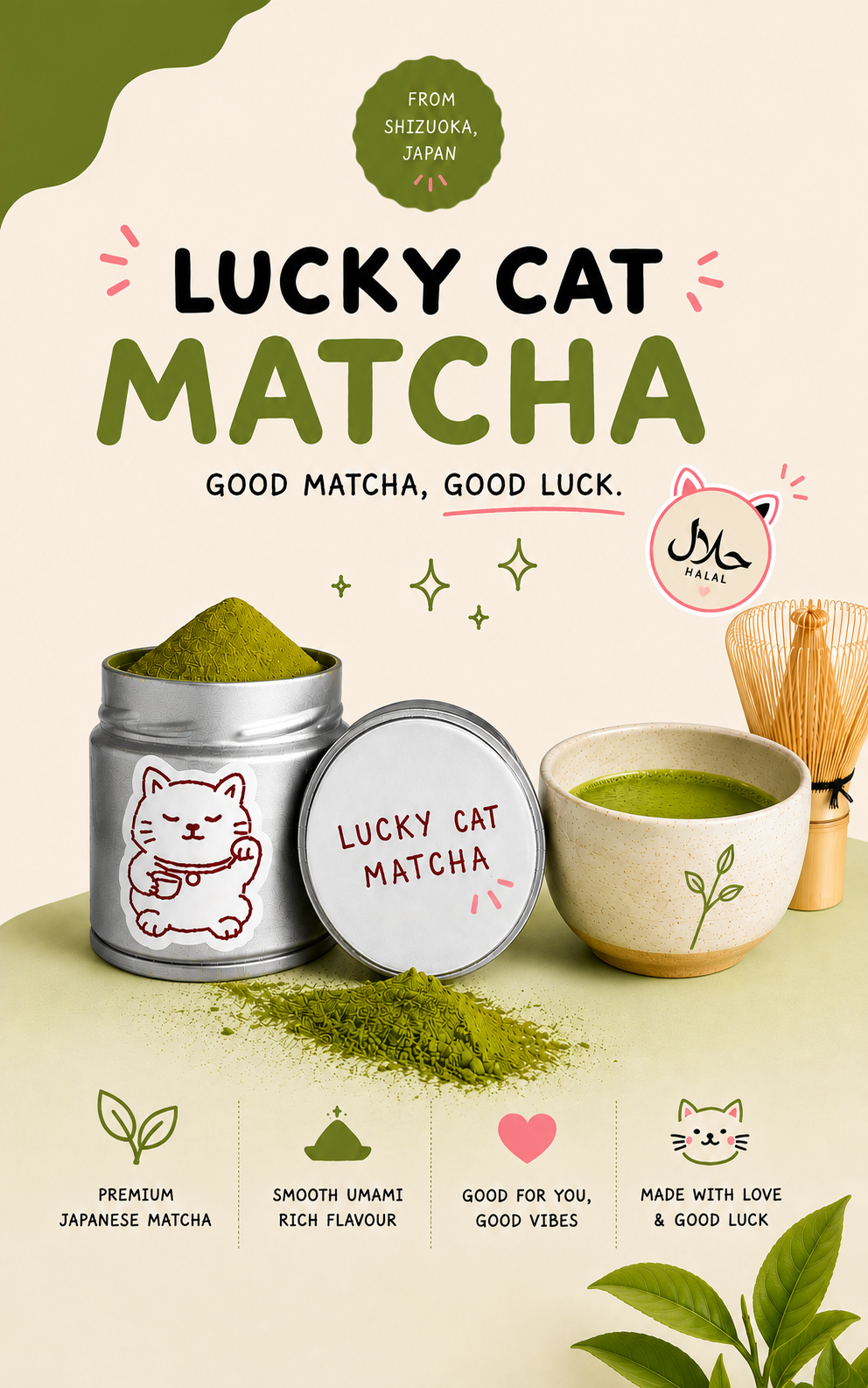 Lucky Cat Matcha promotional graphic showing a metal tin of matcha powder with a cat illustration, a bowl of green matcha, loose matcha spill, a whisk, and text reading 'Lucky Cat Matcha' on a beige background.